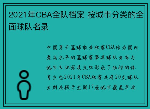 2021年CBA全队档案 按城市分类的全面球队名录